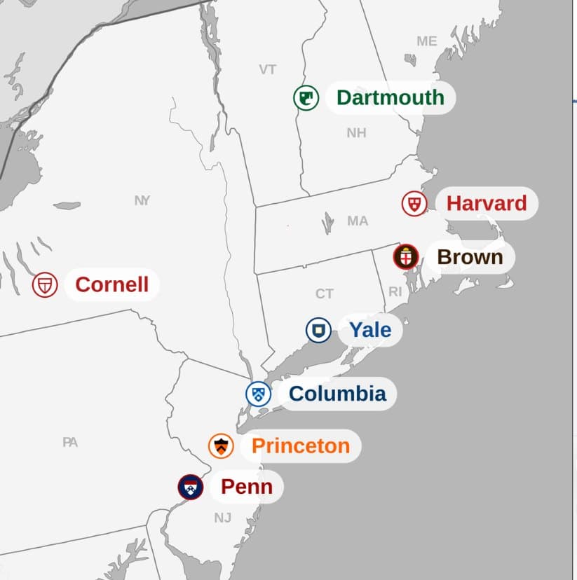 The US colleges I applied to, pinned on a map.