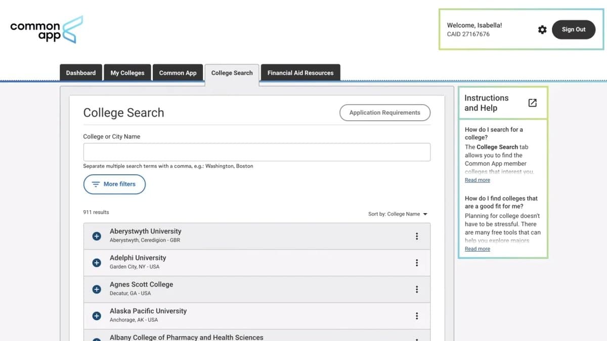 My Common App college search.