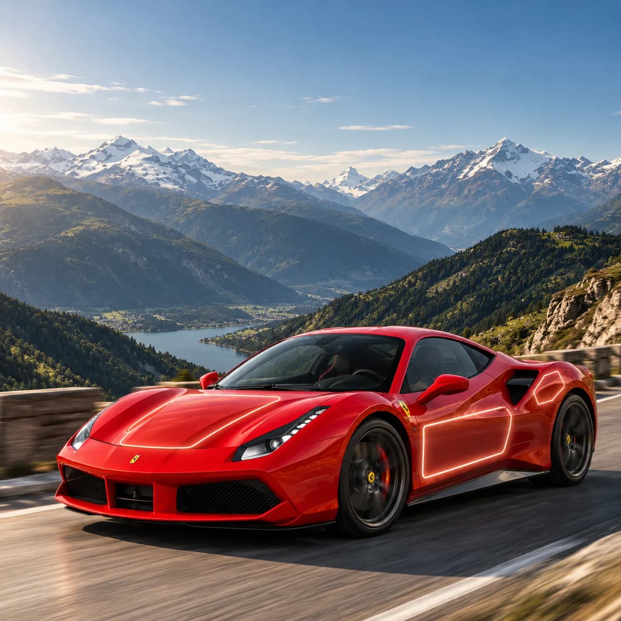 A red Ferrari 488 on a Swiss alpine road with glowing outlines marking the sponsor placements.