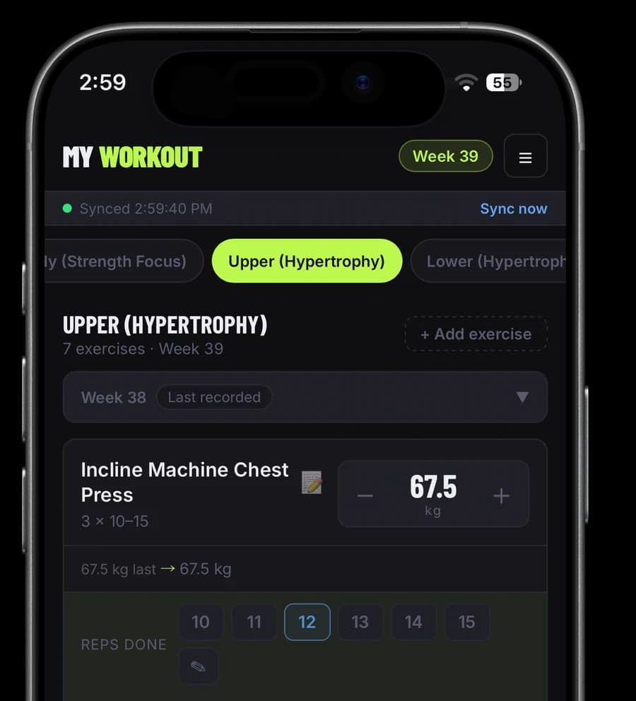 Workout Tracker on an iPhone, showing last week's weight and next week's target reps.