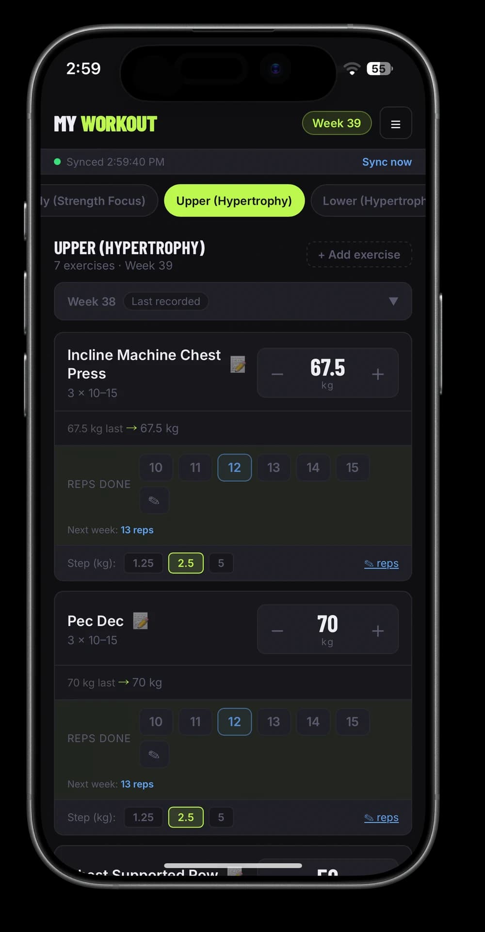 Workout Tracker on an iPhone, showing last week's weight and next week's target reps.